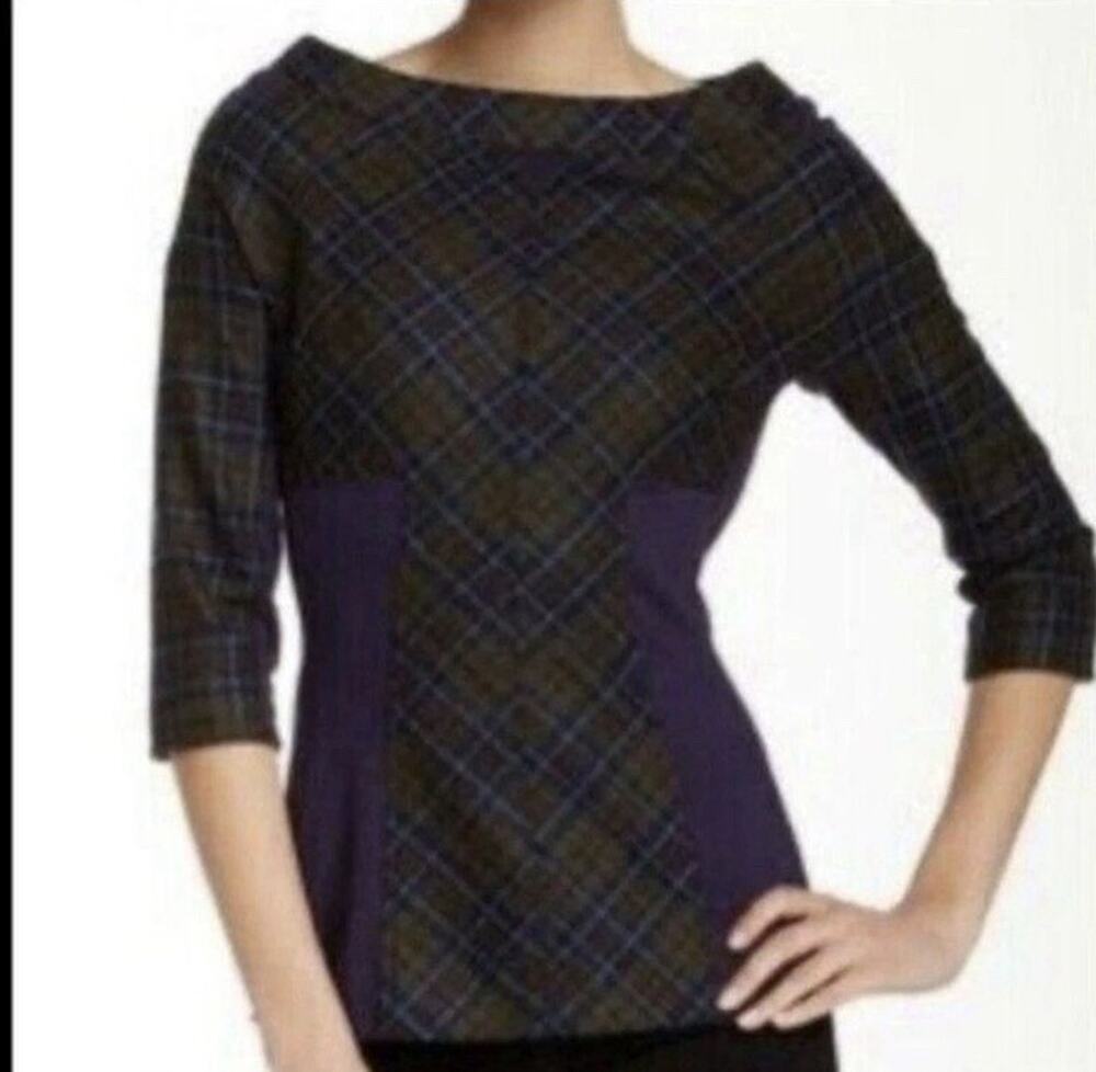 L.A.M.B. Gwen Stefani Green & Navy Plaid Ponti Wool Cashmere Blend Top size 6 i4